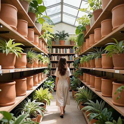 Photograph of a woman with long brown hair in a white dress walking down a sunlit greenhouse aisle filled with terracotta pots and various green plants