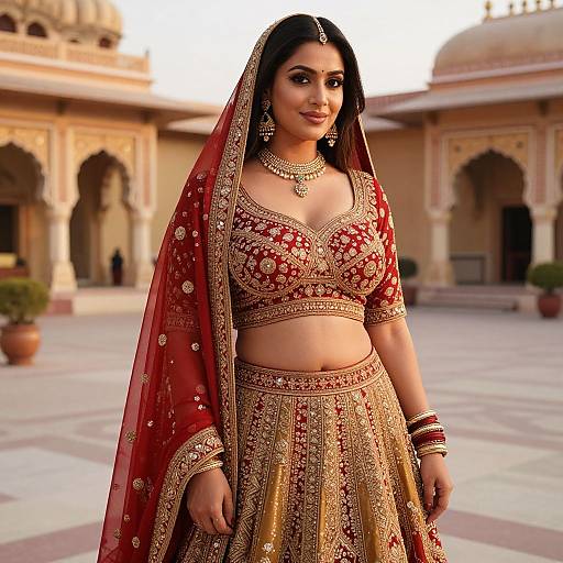 Photograph of a South Asian woman in traditional red and gold bridal attire, standing in a sunlit, ornate courtyard with arched architecture.