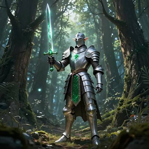 Digital fantasy artwork of an armored elf with pointed ears, holding a glowing green sword, standing in a dark, misty forest.