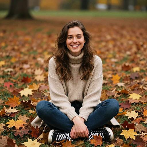 Smiling Woman Sitting Amid Autumn Leaves