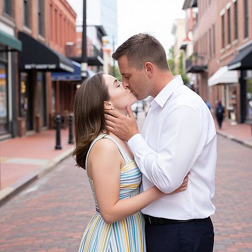 Photograph of a loving couple kissing passionately on a cobblestone street in a brick-lined urban area, the man in a white shirt and black pants