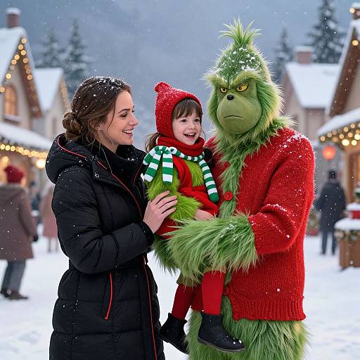 Photograph of a smiling woman in a black coat holding a laughing child in festive clothes, standing with a green, furry, Christmas elf-costumed man