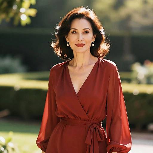Photograph of a smiling woman with dark, wavy hair in a deep red, V-neck, long-sleeved dress, standing outdoors in sunlight