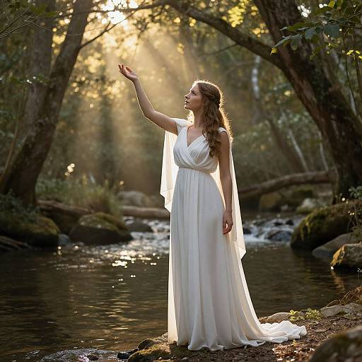 Elegant Woman by Sunlit Forest Stream