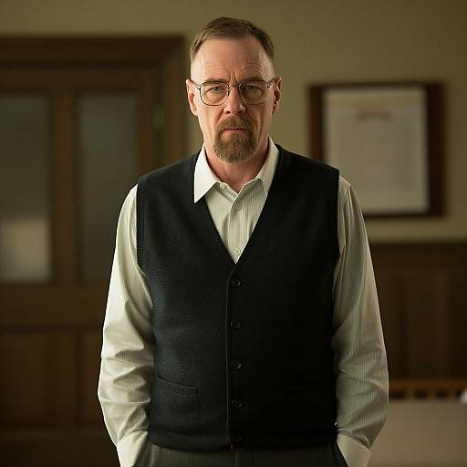 Photograph of a middle-aged man with glasses, short brown hair, and beard, wearing a dark vest over a white shirt, standing in a dim
