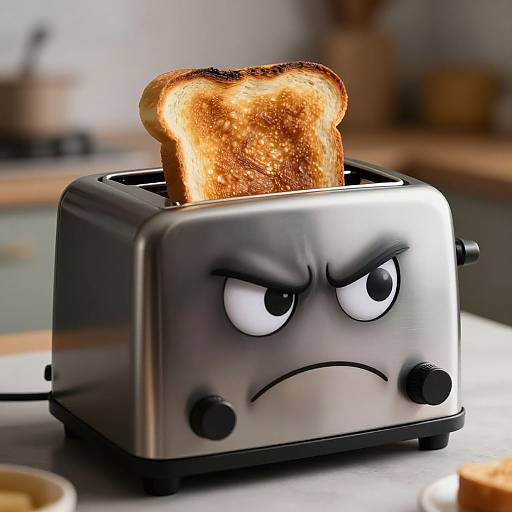 Photograph of a silver toaster with a grumpy, angry face expression, toasting a golden-brown slice of bread in a kitchen.