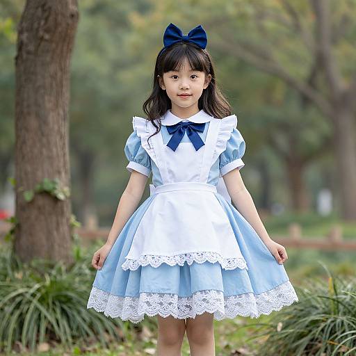 Photograph of an Asian girl with black hair, blue bow, wearing a light blue and white Alice in Wonderland-style dress, standing in a green,