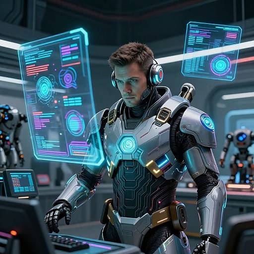 High-Tech Warrior in Futuristic Command Center