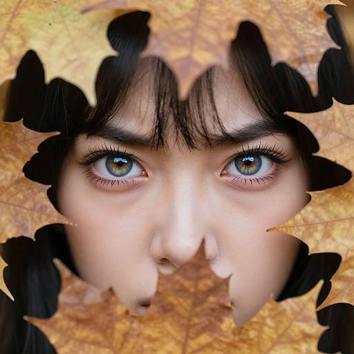 Photograph of an Asian woman's striking blue eyes peering through golden autumn leaves, creating a peek-through effect with her surprised expression.