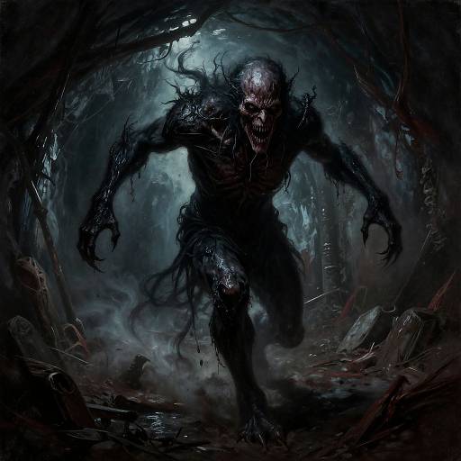 Digital art of a terrifying, muscular, bald monster with twisted, dark, bloody skin, glowing eyes, sharp teeth, and long claws in a dark