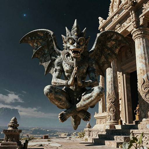 Floating Gargoyle Statue Meditating at Ancient Temple