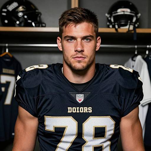 Photograph of a muscular, handsome young man with short brown hair, blue eyes, and light stubble, wearing a black Denver Broncos football jersey with