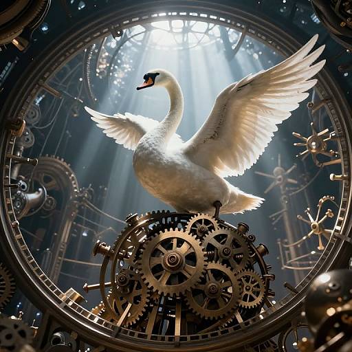 Digital artwork of a white swan with wings spread, perched on intricate brass gears, bathed in sunlight, in a steampunk mechanical setting