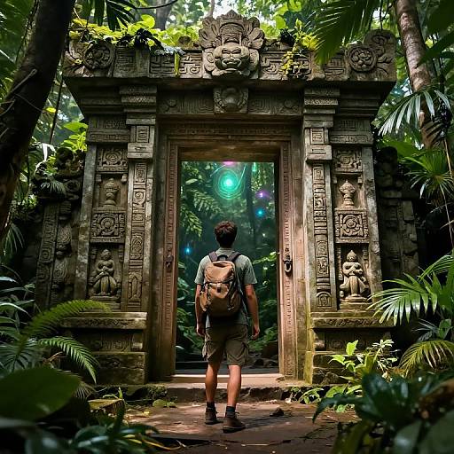 Photograph of a hiker with a backpack standing before an ancient, intricately carved stone portal in a dense, lush jungle.