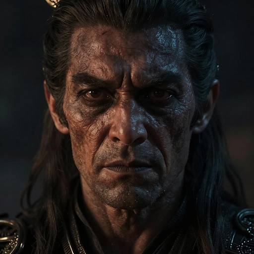 Close-up photograph of a grimy, intense-looking man with dark, wet hair, wearing a metallic headpiece, against a dark, shadowy background