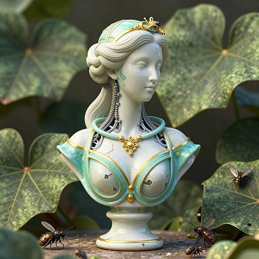 Porcelain Cyborg Woman Bust with Insects