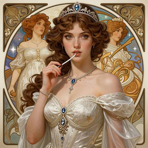 Digital artwork of a fair-skinned, brown-haired queen with a diamond tiara, white off-shoulder gown, blue jewels, and a cigarette