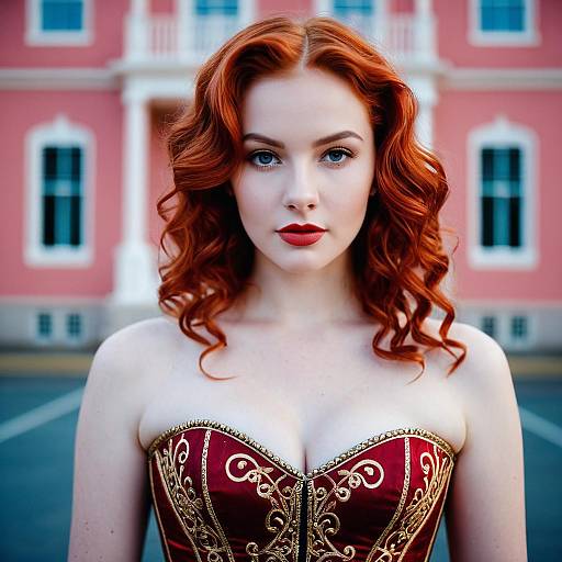 Portrait of Woman in Red and Gold Corset Dress