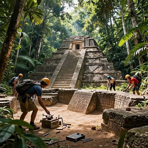 Photograph of archaeologists exploring a sunlit, ancient Mayan pyramid in a lush jungle, with four workers in helmets, backpacks, and tools
