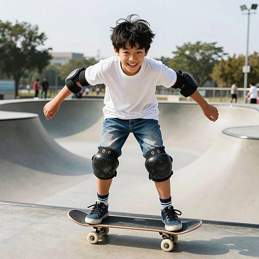 Young Asian boy with black hair, wearing white t-shirt, blue jeans, black elbow and knee pads, skateboarding happily at outdoor skate park.