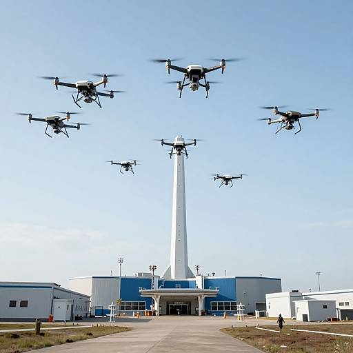 Photograph of seven black drones flying in a V-formation above a white obelisk and blue-grey hangar building under clear blue sky.