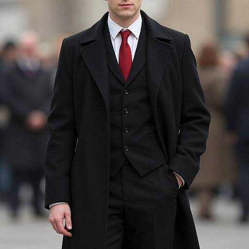 Photograph of a handsome man in a black three-piece suit with a red tie, black overcoat, white shirt, and blurred urban background.
