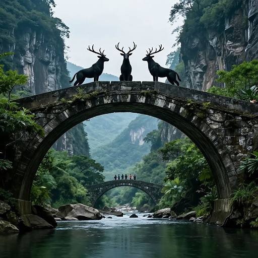 Photograph of two silhouetted deer with antlers standing on a stone arch bridge, flanked by lush green cliffs and a serene river below