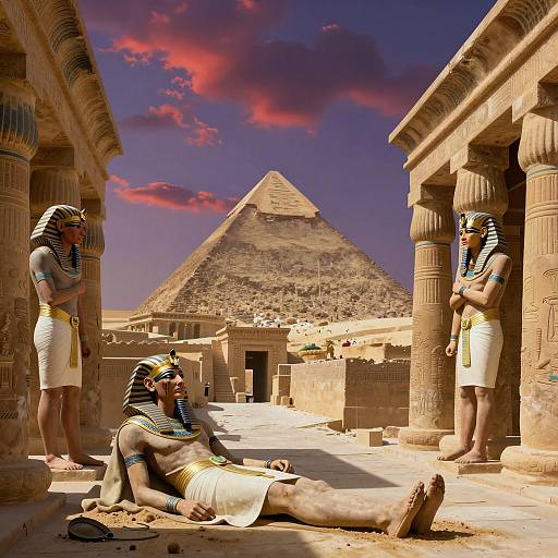 Ancient Egyptian Pharaoh in Temple with Pyramid