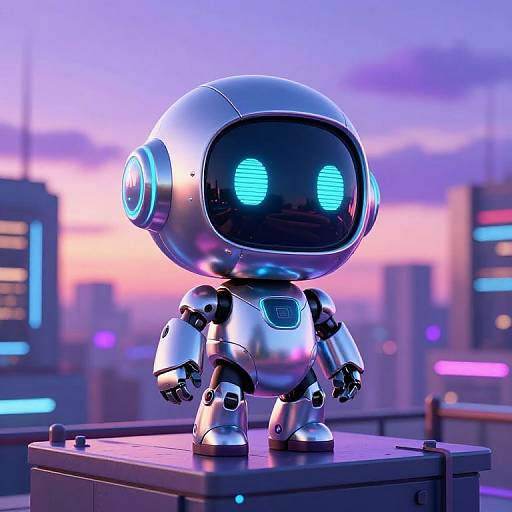 CGI image of a cute, silver, chibi-style robot with glowing blue eyes standing on a platform against a neon-lit cityscape at sunset