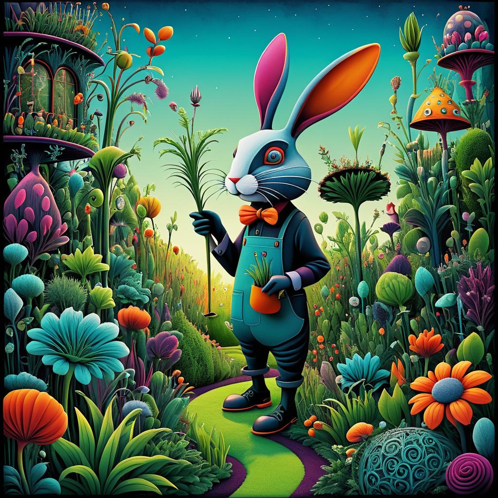 Whimsical Rabbit Gardener in Surreal Garden