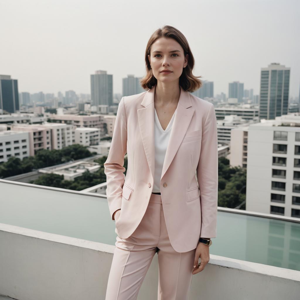 Elegant Minimalist Woman at Rooftop Pool