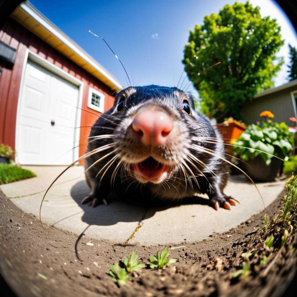 Whimsical Fisheye Mole in Cluttered Garage