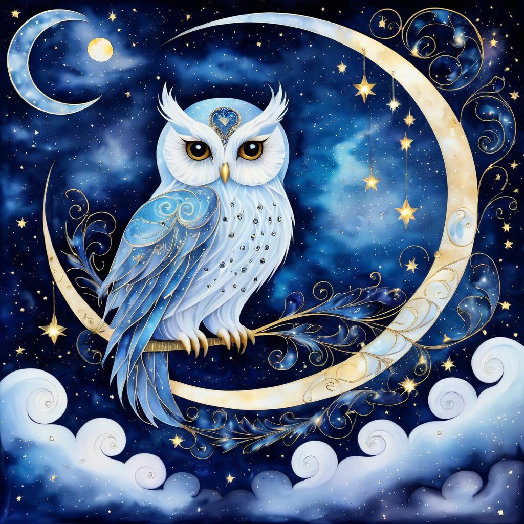 Mystical Owl on Crescent Moon Fantasy