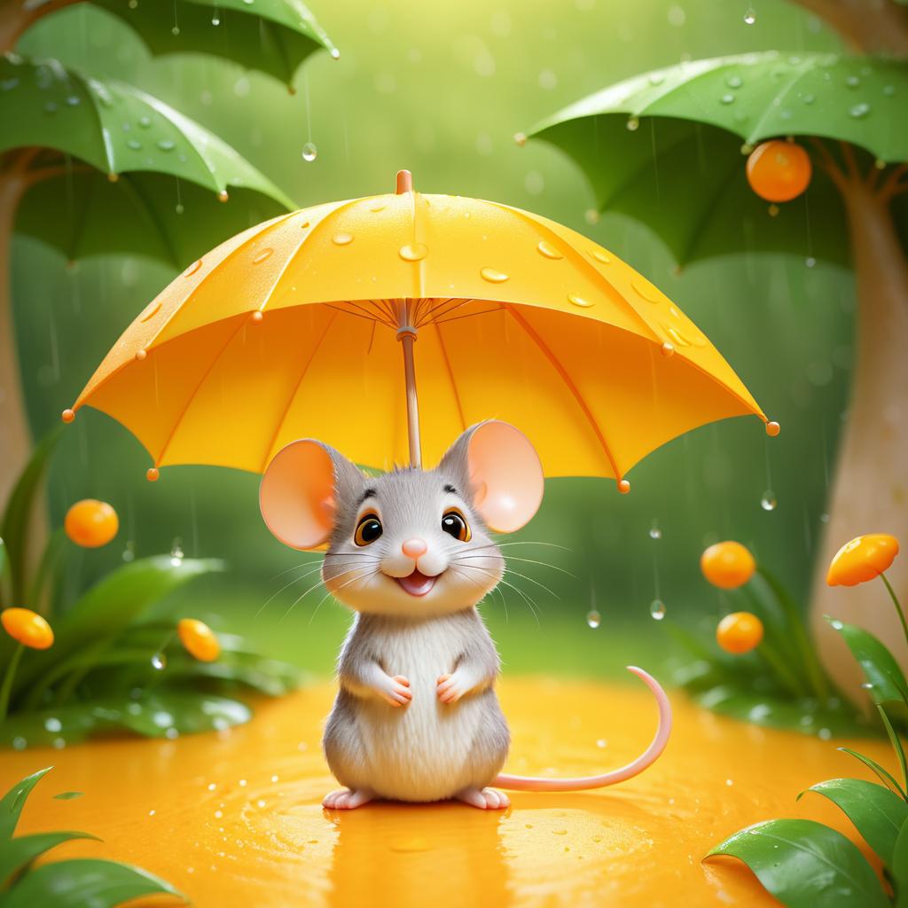 Charming Mouse Under Orange Umbrella