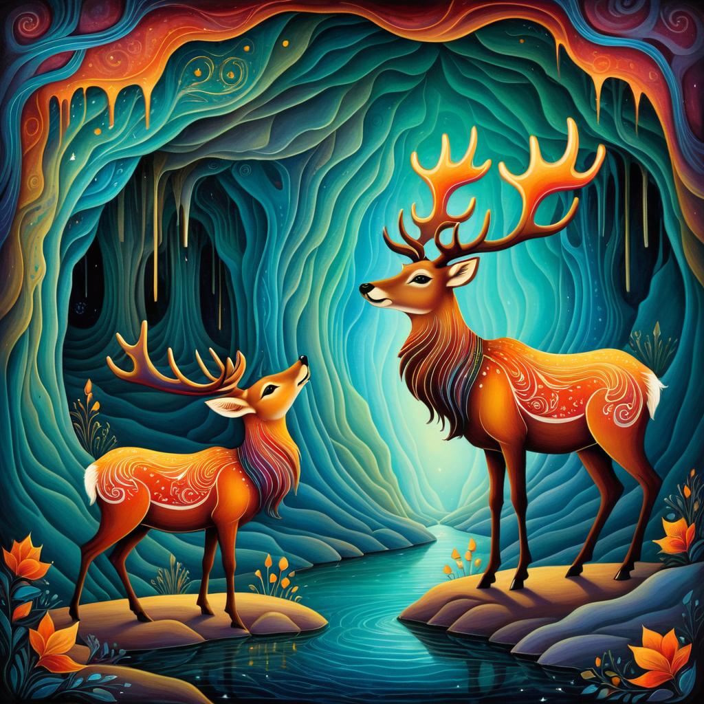 Whimsical Elks in a Dreamlike Cavern