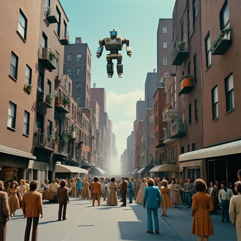 70s Movie Scene with Floating Robot