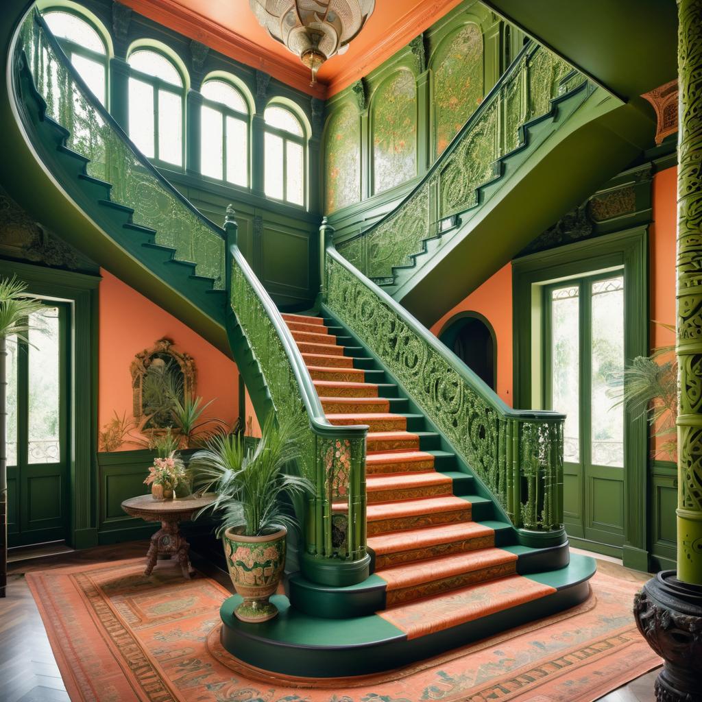 Maximalist Coral and Olive Green Staircase