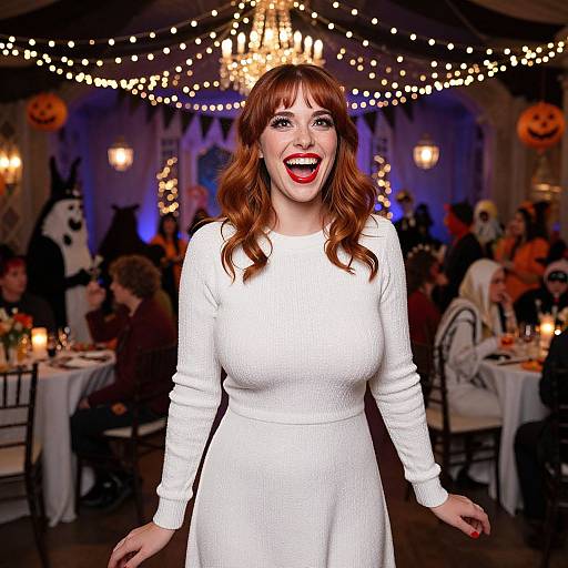 Photograph of a smiling redheaded woman in a white long-sleeve dress, standing at a festive, dimly-lit Halloween-themed party with