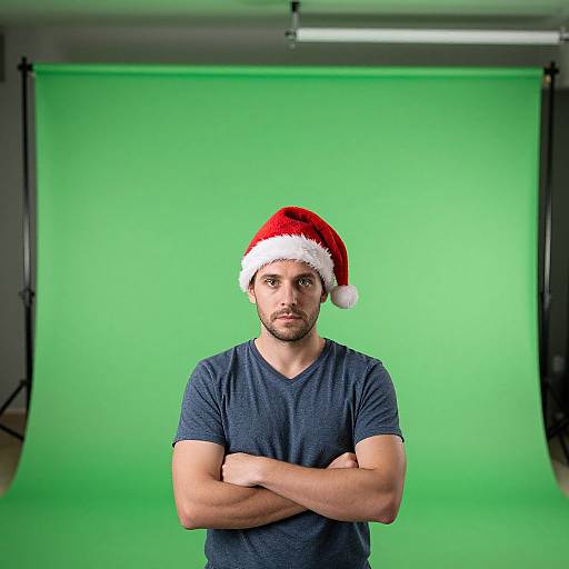 Photograph of a bearded man wearing a red and white Santa hat, blue V-neck shirt, arms crossed, against a green studio backdrop.