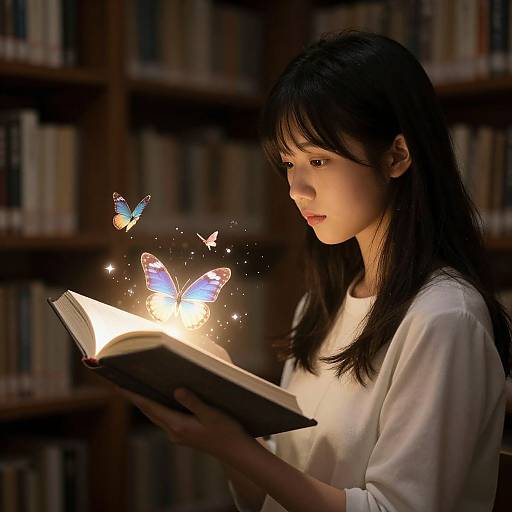 Photograph of an Asian woman with long black hair, wearing a white shirt, reading a glowing book surrounded by magical, luminescent butterflies in a