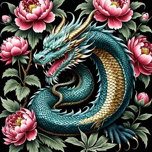 Asian Serpent Dragon with Peonies