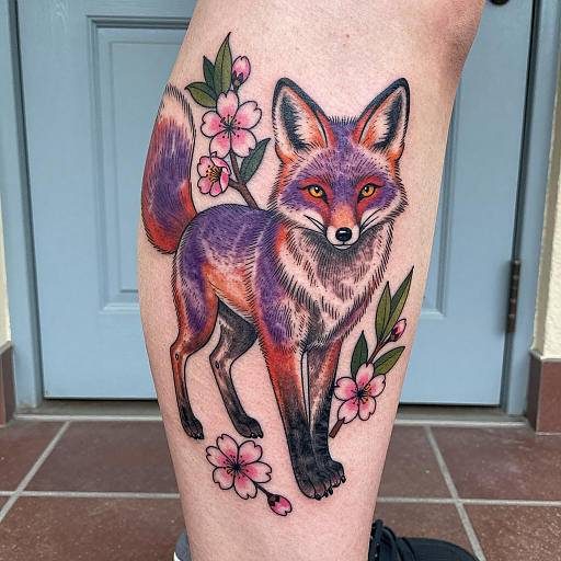 Purple Fox Tattoo with Cherry Blossoms