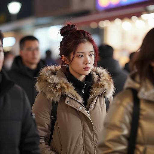 Serious Young Woman in Neon Market
