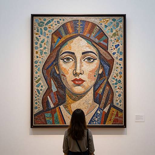 Photograph of a woman with long black hair, viewed from behind, standing before a vibrant, mosaic-style portrait painting of a woman with red and brown
