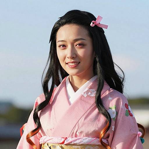 Asian Woman in Pink Kimono with Ribbon