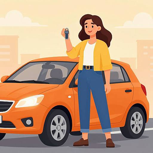 Digital illustration of a smiling woman with brown hair, yellow jacket, white shirt, blue pants, and brown shoes, holding a car key beside an orange