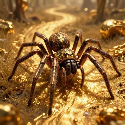 Close-up photograph of a detailed, golden-hued spider with shiny, reflective legs on a textured, golden surface, surrounded by blurred golden orbs.