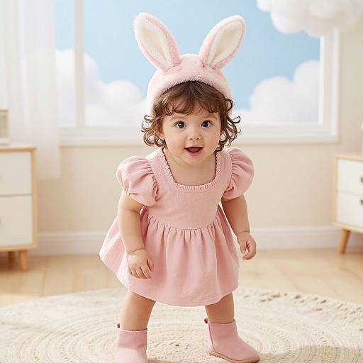 Photograph of a cute, curly-haired toddler girl in a pink dress and bunny ears hat, standing in a bright, sunlit room.