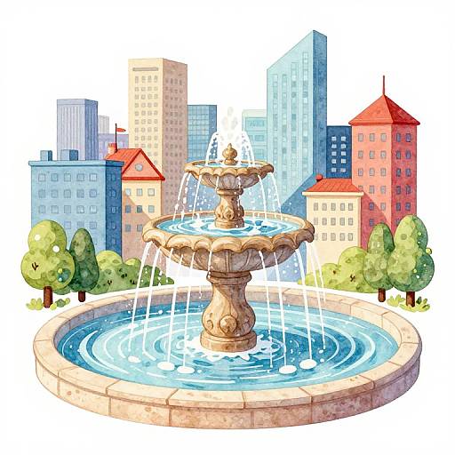 Watercolour City Fountain Illustration