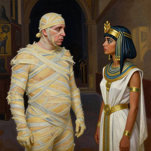 Digital artwork of a mummified man and an Egyptian woman with dark blue bob haircut, gold headdress, and white dress, standing in a dim